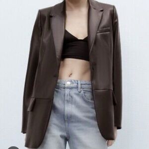 NWT ZARA Brown Faux Leather Blazer Jacket Size L